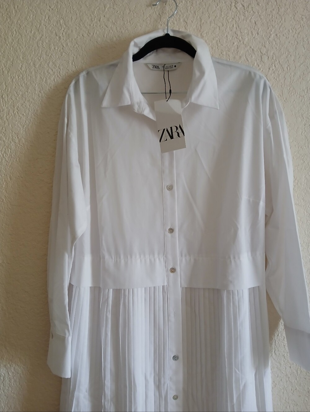 Zara White Long-Sleeve Pleated Midi Shirt Dress - Picture 3 of 10
